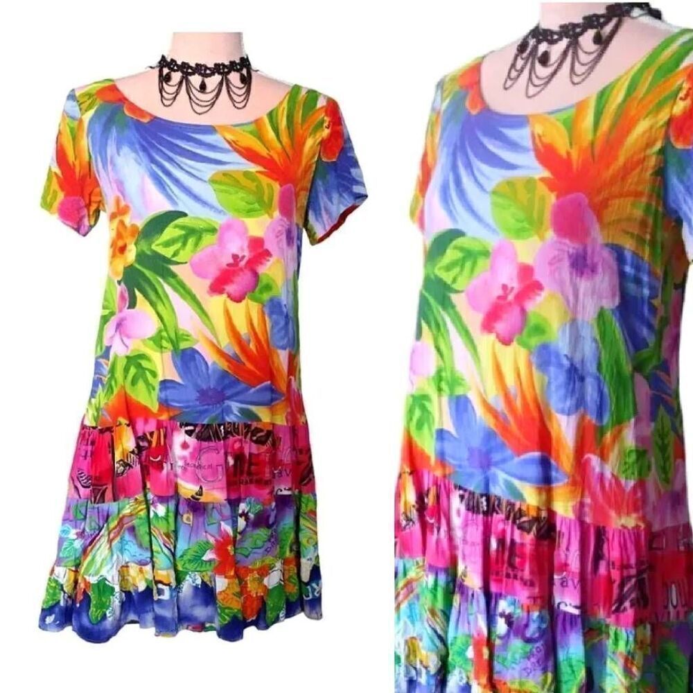 Jams World VTG 90s Bright Tropical Floral Hattie Mini Dress Small